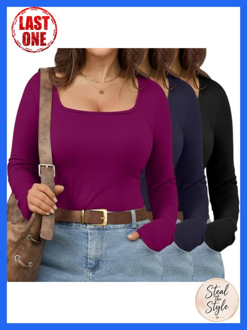 Plus Size 3 Pack Long Sleeve Square Neck Tops Cotton Blend Stretch Tees